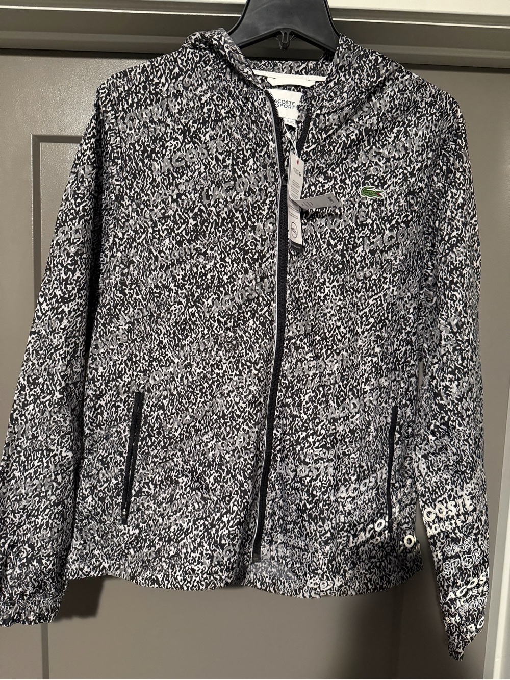 Lacoste Black & White Patterned Hooded Bomber Jacket